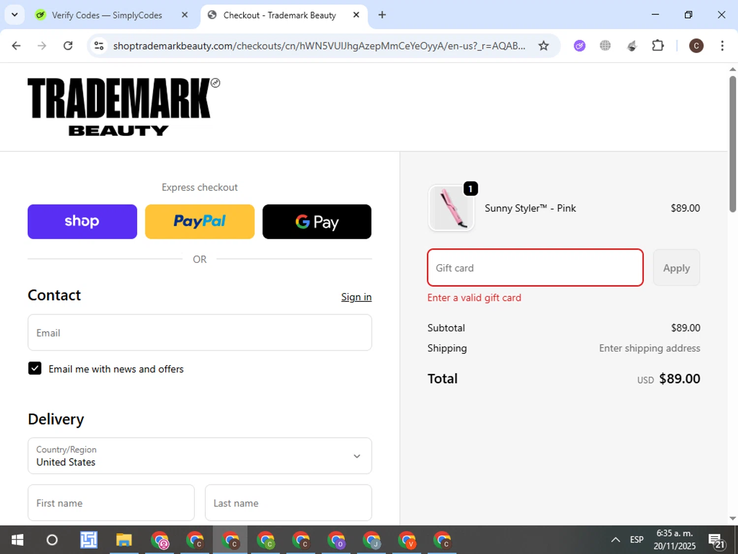 Trademark Beauty coupon code screenshot showing code NEW10 applied at Trademark Beauty checkout page. Uploaded by SimplyCodes community member VictorL on Nov 20, 2025