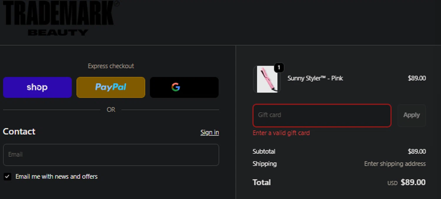 Trademark Beauty coupon code screenshot showing code NEW10 applied at Trademark Beauty checkout page. Uploaded by SimplyCodes community member idkxxx on Nov 20, 2025