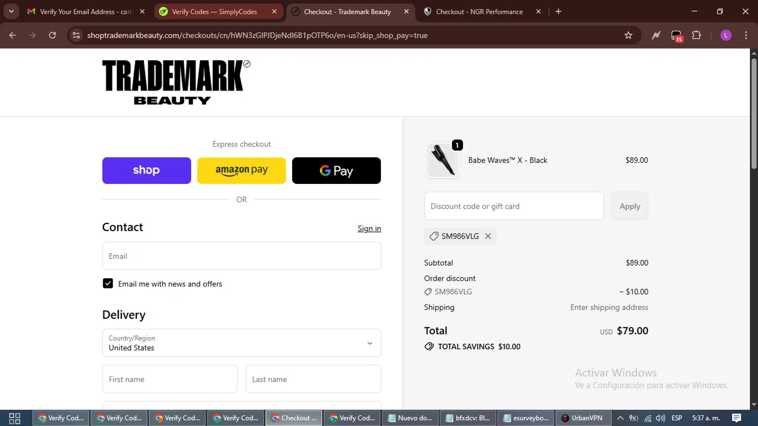 Trademark Beauty coupon code screenshot showing code SM986VLG applied at Trademark Beauty checkout page. Uploaded by SimplyCodes community member RewardScout5160 on Oct 11, 2025