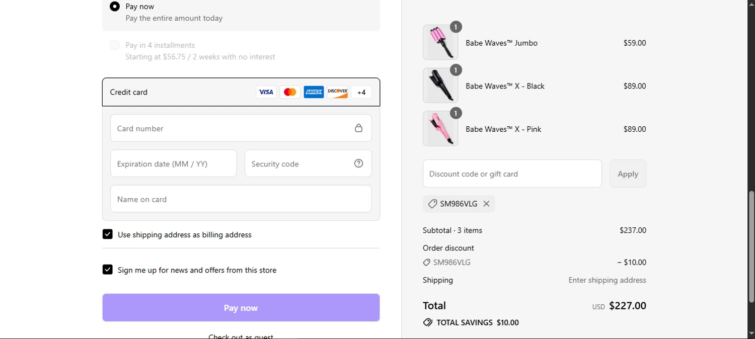 Trademark Beauty coupon code screenshot showing code SM986VLG applied at Trademark Beauty checkout page. Uploaded by SimplyCodes community member noworries on Aug 27, 2025