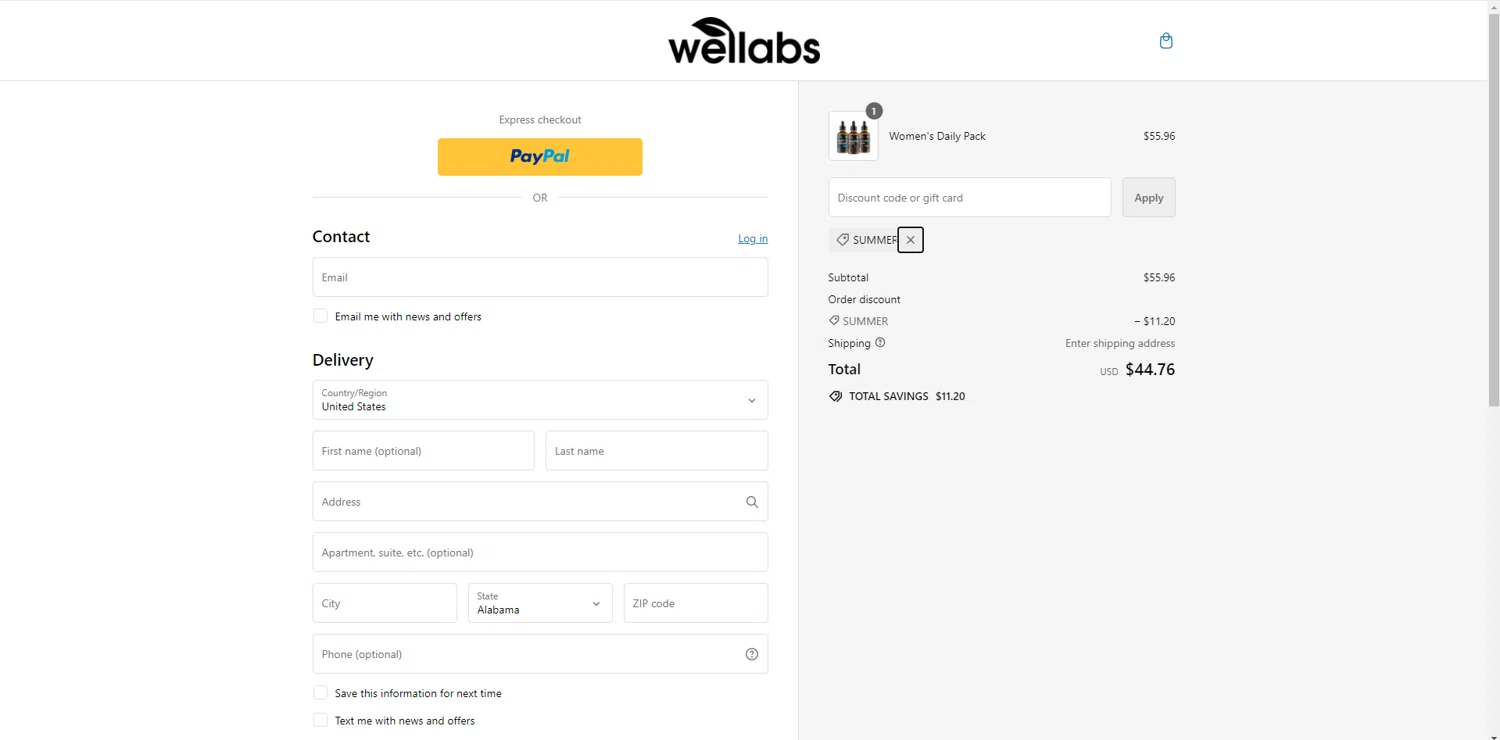 where to use WELLABS promo code box