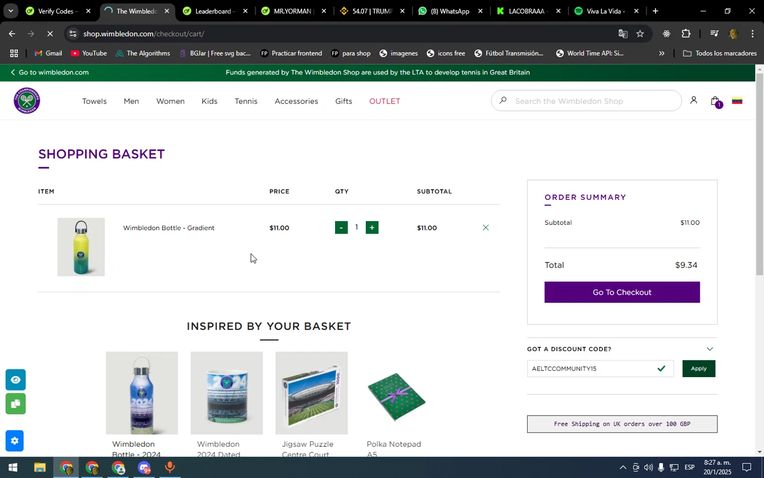 The Official Wimbledon Shop checkout page showing The Official Wimbledon Shop promo code box | Screenshot taken by SimplyCodes community member on Jan 20, 2025