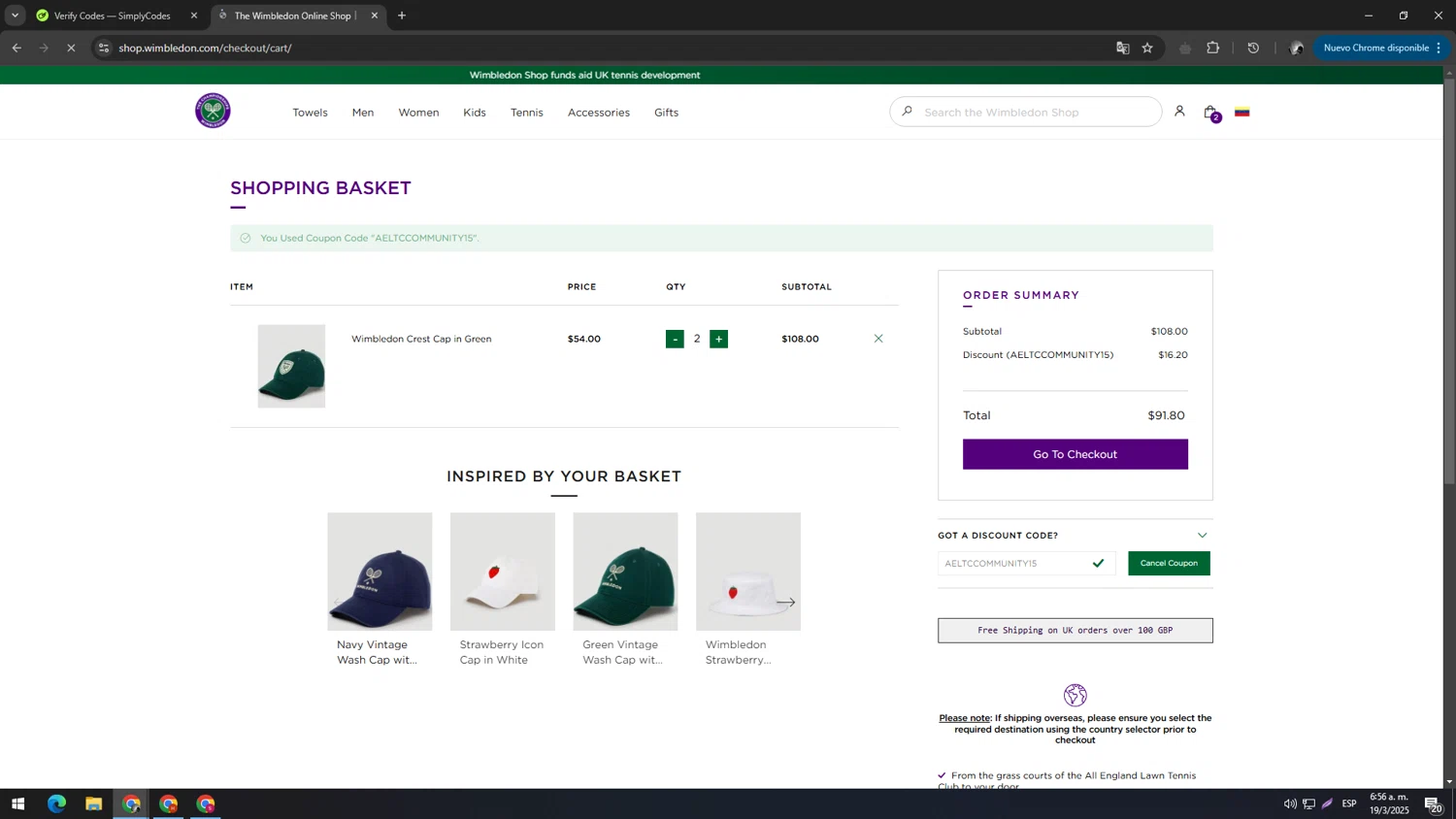 The Official Wimbledon Shop checkout page showing The Official Wimbledon Shop promo code box | Screenshot taken by SimplyCodes community member on Mar 19, 2025