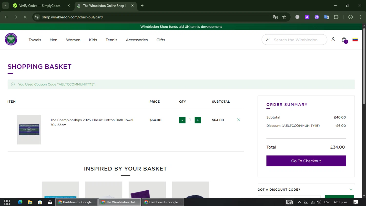 The Official Wimbledon Shop promo code screenshot showing code AELTCCOMMUNITY15 applied at The Official Wimbledon Shop checkout page. Uploaded by SimplyCodes community member TreasureSleuth109 on Jul 25, 2025