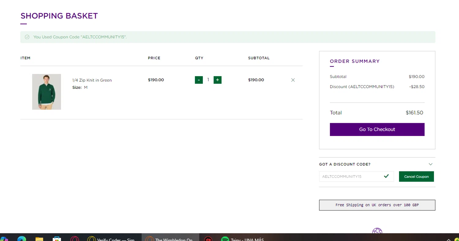 The Official Wimbledon Shop checkout page showing The Official Wimbledon Shop promo code box | Screenshot taken by SimplyCodes community member on Feb 18, 2025