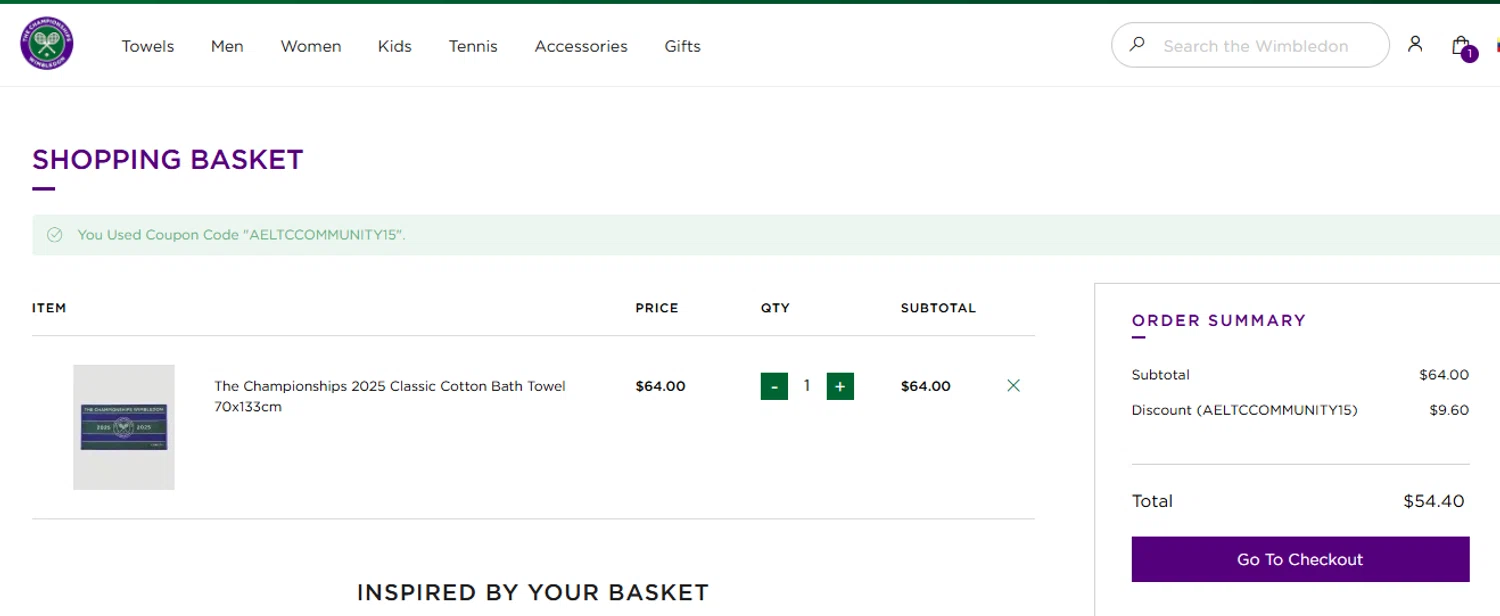 The Official Wimbledon Shop promo code screenshot showing code AELTCCOMMUNITY15 applied at The Official Wimbledon Shop checkout page. Uploaded by SimplyCodes community member ashe1986 on Jul 17, 2025