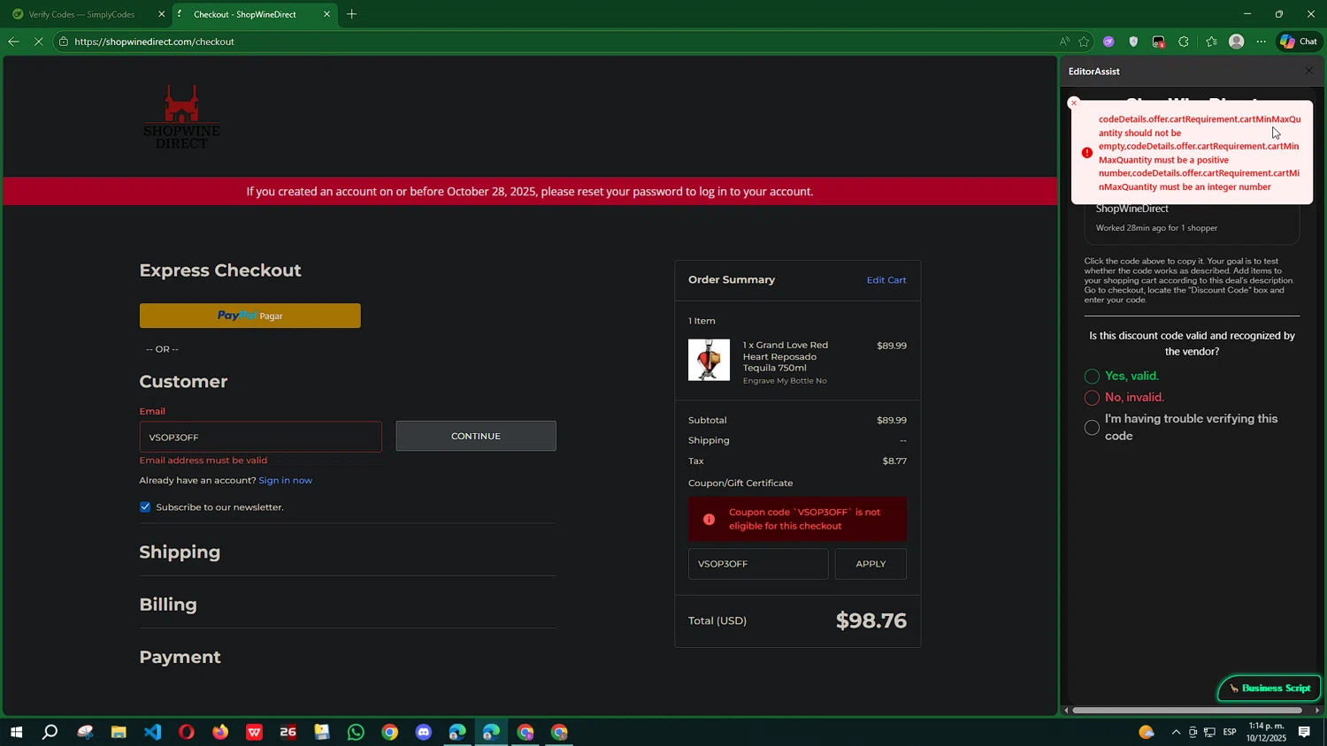 ShopWineDirect promo code screenshot showing code VSOP3OFF applied at ShopWineDirect checkout page. Uploaded by SimplyCodes community member GrimmKing on Dec 10, 2025