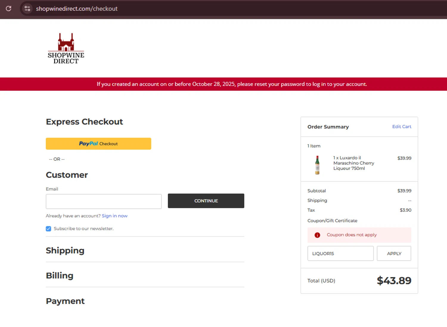 ShopWineDirect promo code screenshot showing code LIQUOR15 applied at ShopWineDirect checkout page. Uploaded by SimplyCodes community member Teamgorila on Dec 19, 2025