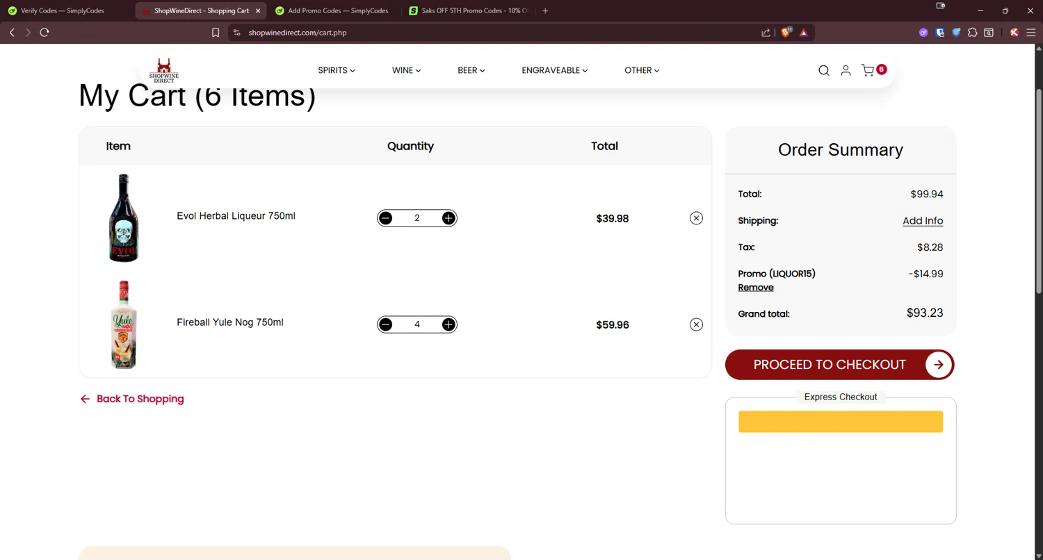 ShopWineDirect promo code screenshot showing code LIQUOR15 applied at ShopWineDirect checkout page. Uploaded by SimplyCodes community member Tenmyoldy on Dec 19, 2025