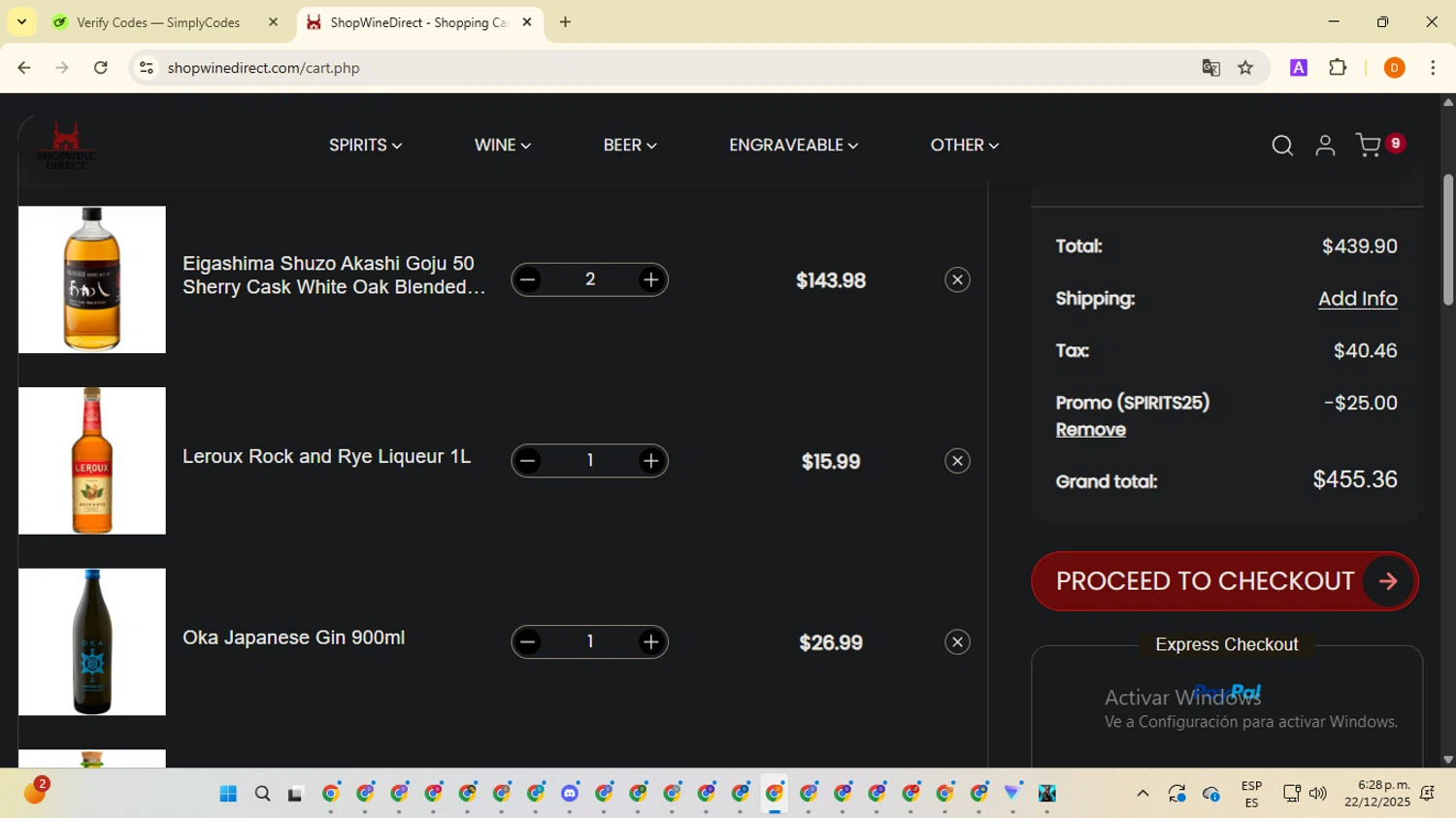 ShopWineDirect checkout page showing ShopWineDirect promo code box | Screenshot taken by SimplyCodes community member on Dec 22, 2025