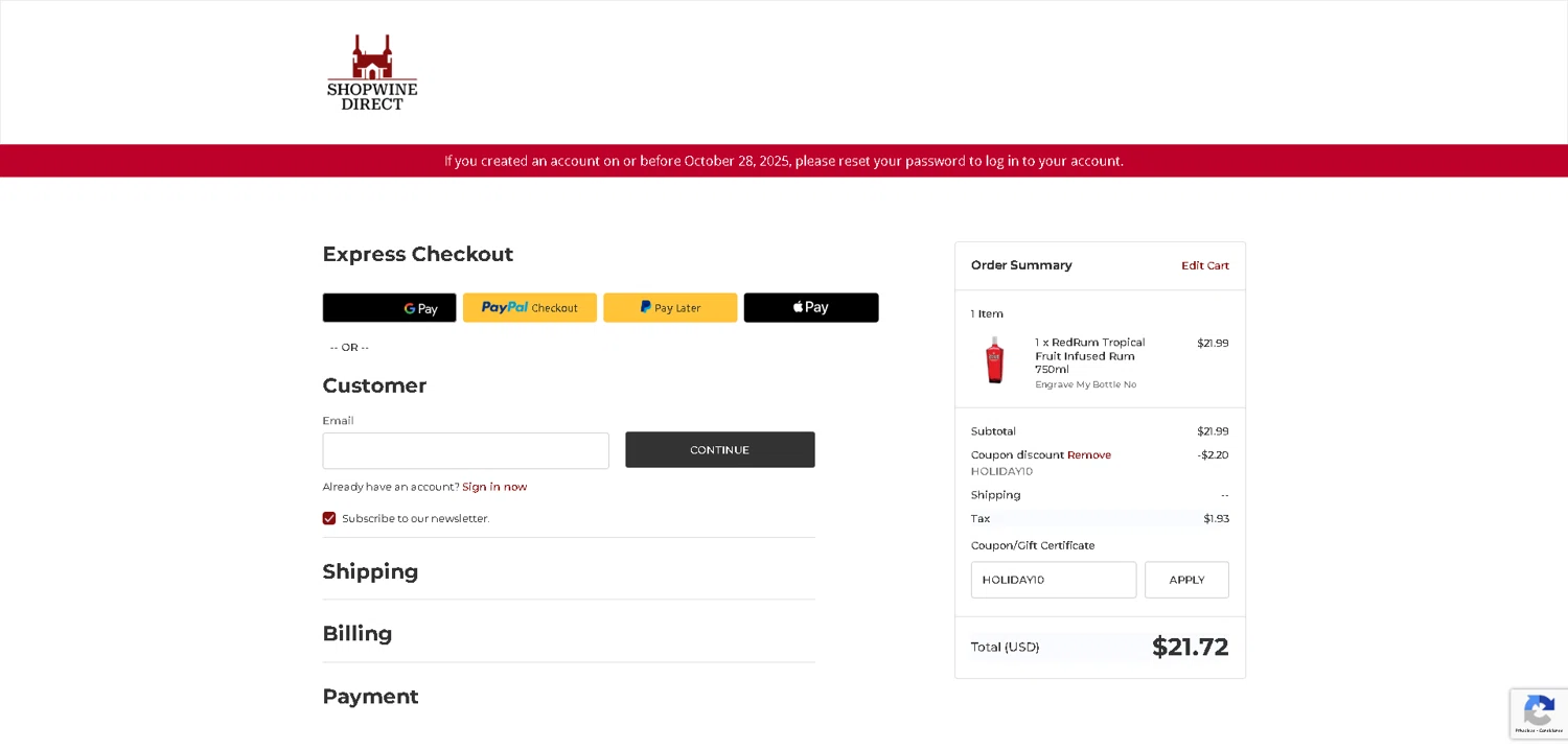 ShopWineDirect promo code screenshot showing code HOLIDAY10 applied at ShopWineDirect checkout page. Uploaded by SimplyCodes community member DerekRoberson on Dec 24, 2025