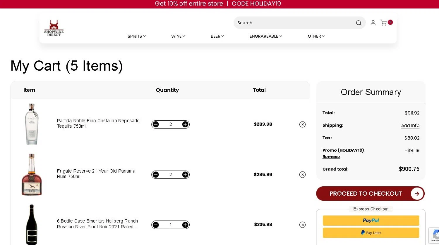 ShopWineDirect promo code screenshot showing code HOLIDAY10 applied at ShopWineDirect checkout page. Uploaded by SimplyCodes community member LAMINEJAMAL on Dec 24, 2025