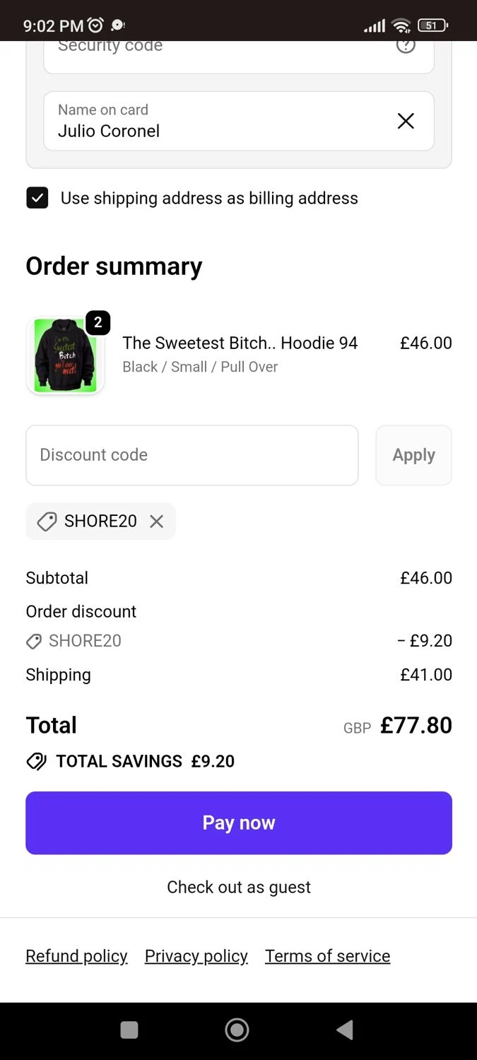 Shore Store coupon code screenshot showing code SHORE20 applied at Shore Store checkout page. Uploaded by SimplyCodes community member CrownLion2750 on Dec 6, 2025