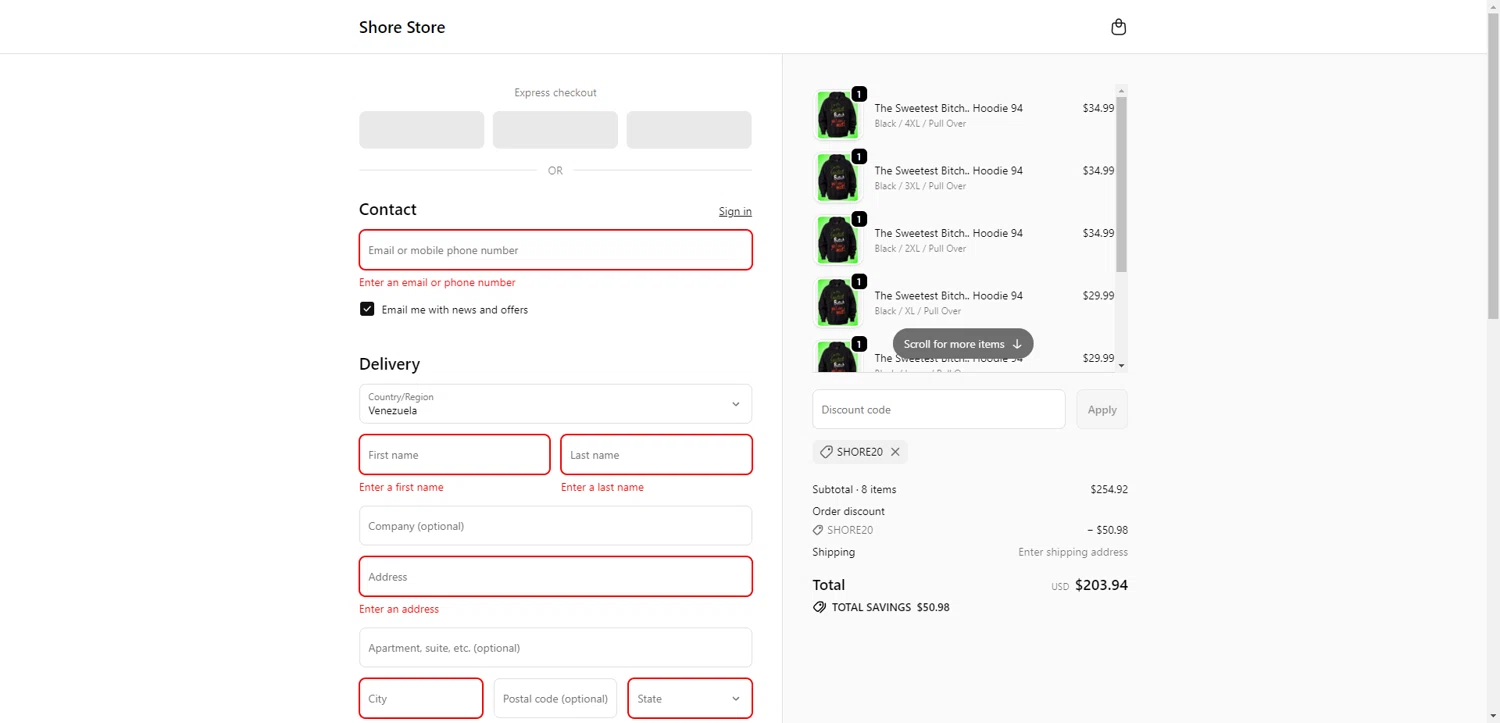 Shore Store coupon code screenshot showing code SHORE20 applied at Shore Store checkout page. Uploaded by SimplyCodes community member CrownWhiz8114 on Nov 30, 2025