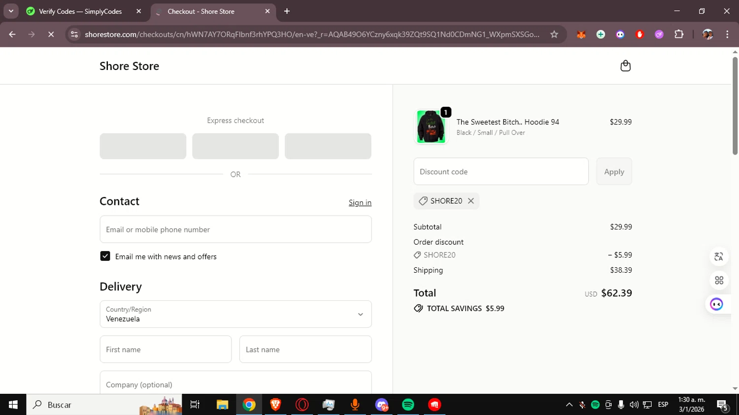 Shore Store checkout page showing Shore Store coupon code box | Screenshot taken by SimplyCodes community member on Jan 3, 2026