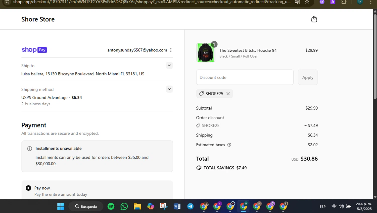Shore Store coupon code screenshot showing code SHORE25 applied at Shore Store checkout page. Uploaded by SimplyCodes community member Charly2607 on Aug 5, 2025