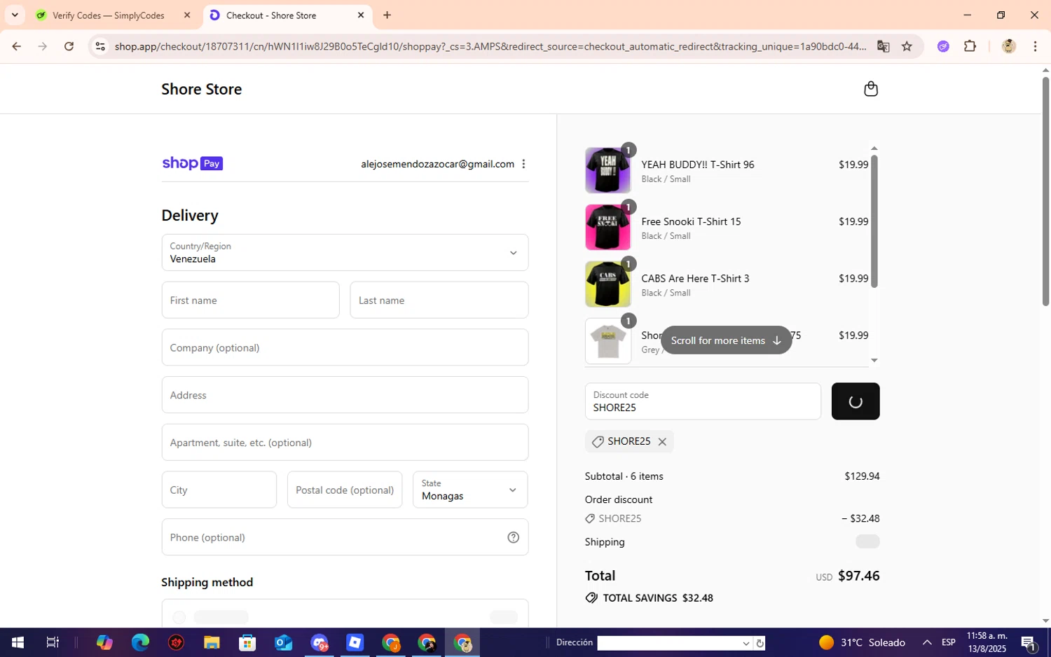 Shore Store coupon code screenshot showing code SHORE25 applied at Shore Store checkout page. Uploaded by SimplyCodes community member Lilithh on Aug 13, 2025
