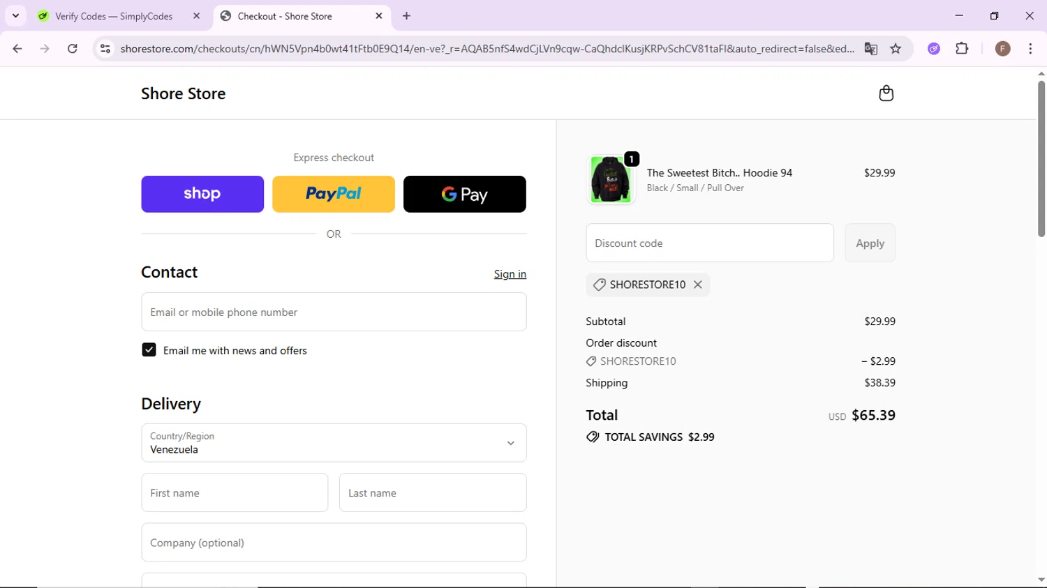 Shore Store coupon code screenshot showing code SHORESTORE10 applied at Shore Store checkout page. Uploaded by SimplyCodes community member CashLion2660 on Nov 20, 2025
