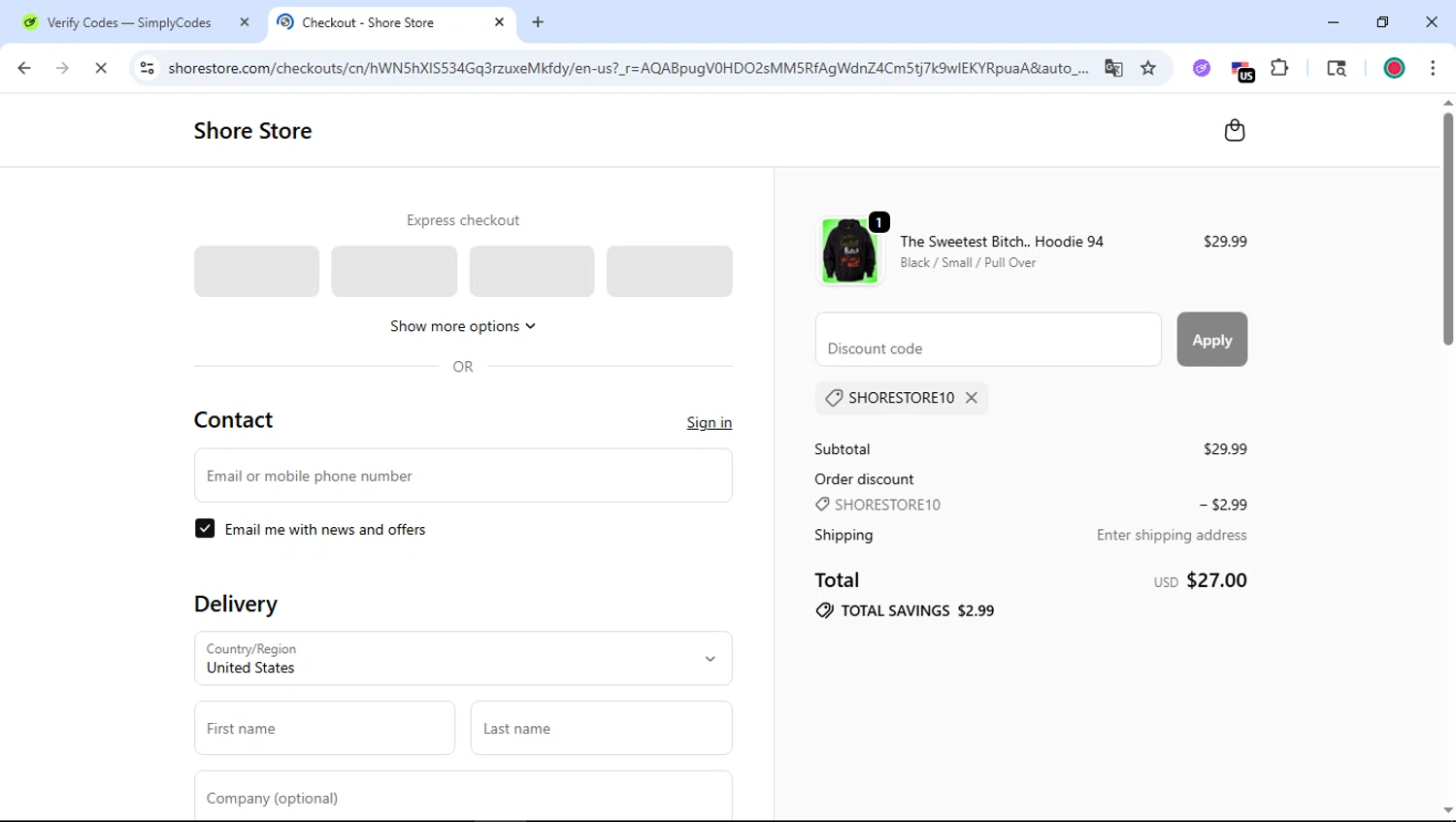 Shore Store coupon code screenshot showing code SHORESTORE10 applied at Shore Store checkout page. Uploaded by SimplyCodes community member DiscountSentinel4513 on Nov 25, 2025