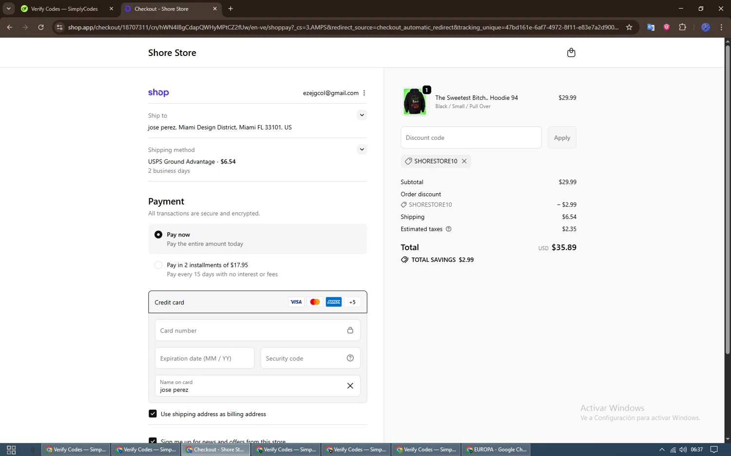 Shore Store coupon code screenshot showing code SHORESTORE10 applied at Shore Store checkout page. Uploaded by SimplyCodes community member GC_EJOSE on Oct 19, 2025