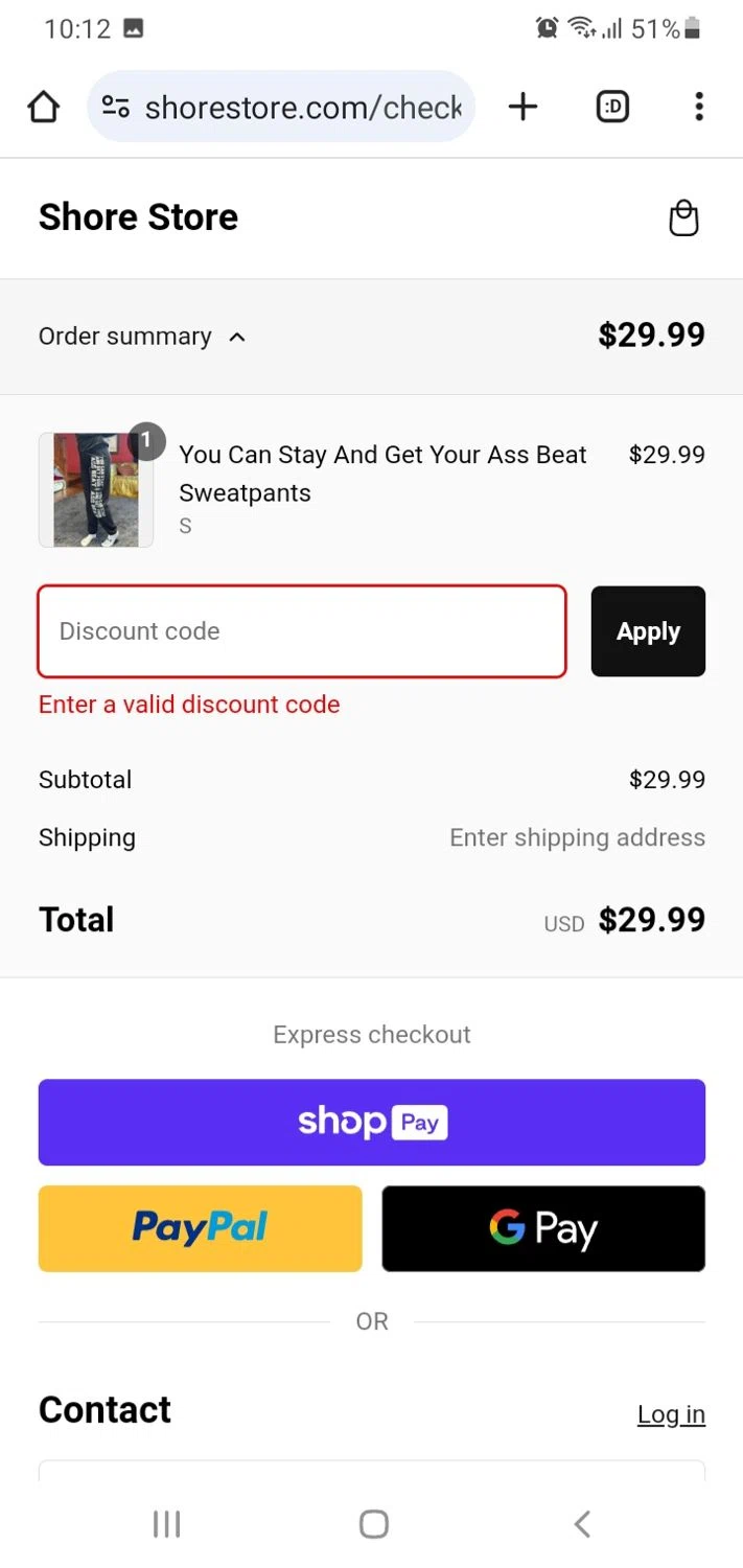 Shore Store coupon code screenshot showing code ss30 applied at Shore Store checkout page. Uploaded by SimplyCodes community member Menotii23 on Dec 27, 2024