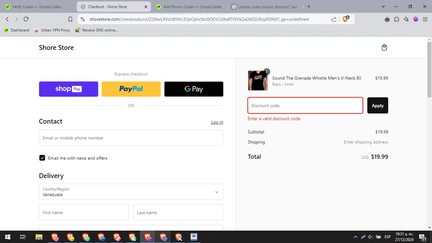 Shore Store coupon code screenshot showing code ss30 applied at Shore Store checkout page. Uploaded by SimplyCodes community member brcbrc on Dec 27, 2024
