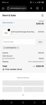 SUITEHEART20 coupon verification screenshot