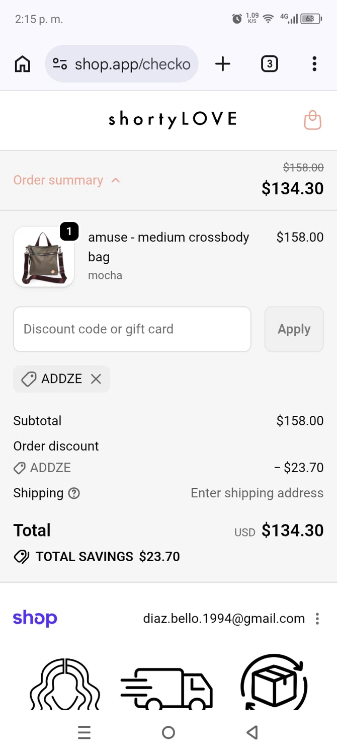 shortyLOVE promo code screenshot showing code ADDZE applied at shortyLOVE checkout page. Uploaded by SimplyCodes community member AnthonyGuapeton94 on Jun 17, 2026