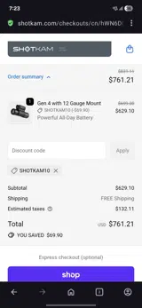 ShotKam coupon verification screenshot
