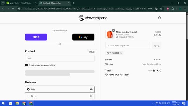Showers Pass checkout page showing Showers Pass discount code box | Screenshot taken by SimplyCodes community member on Sep 14, 2025