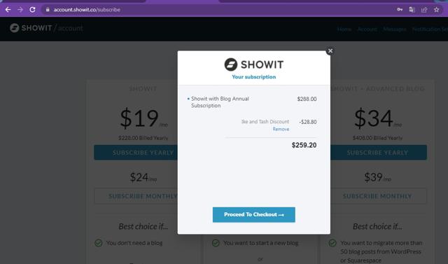 Showit checkout page showing Showit discount code box | Screenshot taken by SimplyCodes community member on Mar 14, 2022