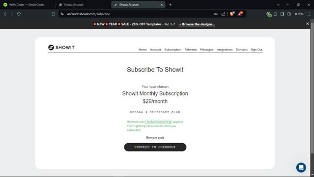 Showit checkout page showing Showit discount code box | Screenshot taken by SimplyCodes community member on Jan 5, 2025