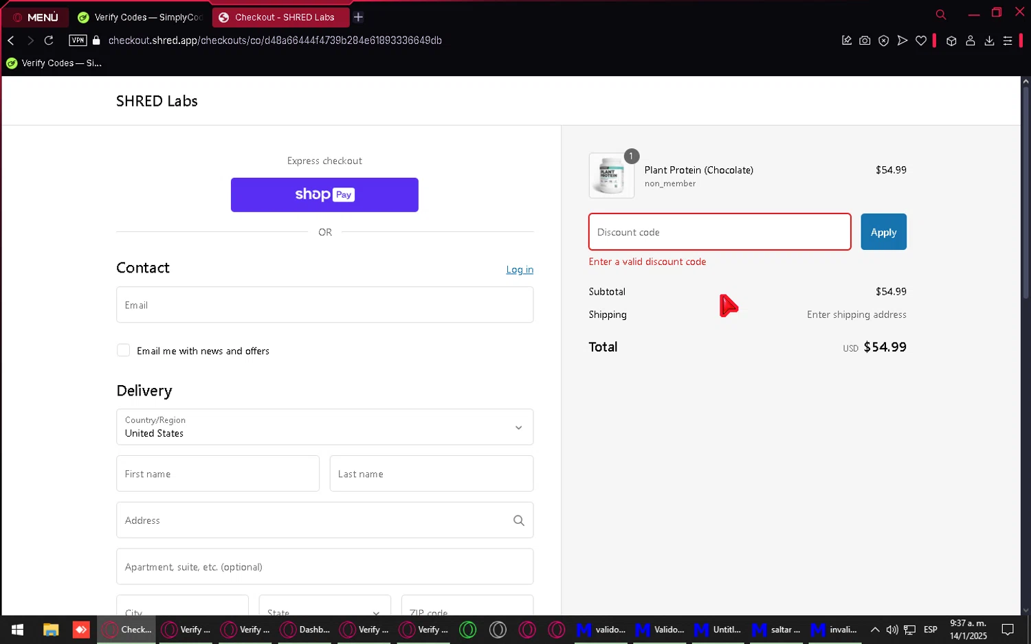 Shred promo code screenshot showing code SHRED10 applied at Shred checkout page. Uploaded by SimplyCodes community member LuckyVirtuoso1831 on Jan 14, 2025