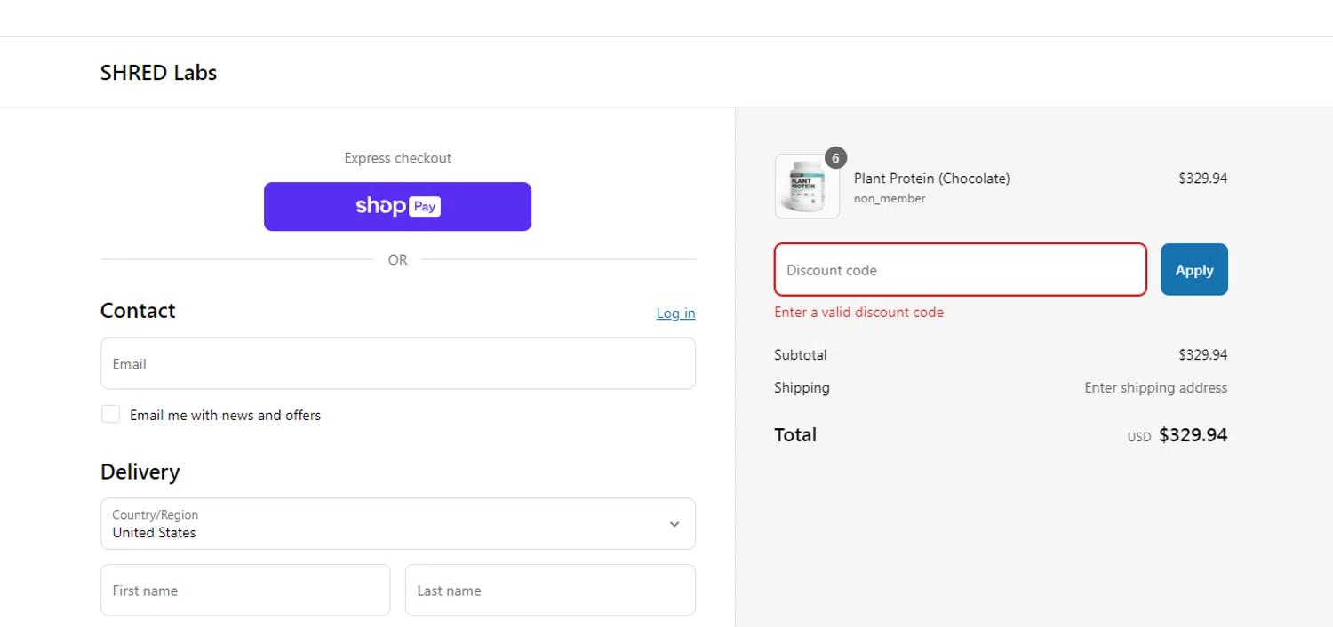 Shred promo code screenshot showing code SHRED10 applied at Shred checkout page. Uploaded by SimplyCodes community member obito1234 on Apr 21, 2025