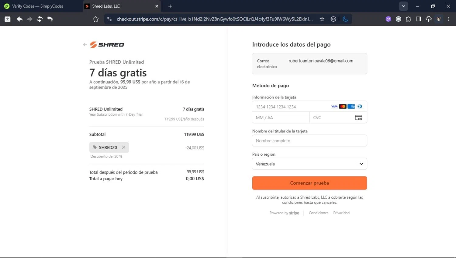 Shred promo code screenshot showing code SHRED20 applied at Shred checkout page. Uploaded by SimplyCodes community member BrilliantTitan6909 on Sep 9, 2025