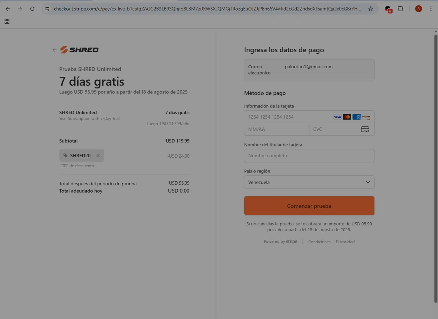 Shred promo code screenshot showing code SHRED20 applied at Shred checkout page. Uploaded by SimplyCodes community member ShieldMonarch1065 on Aug 11, 2025