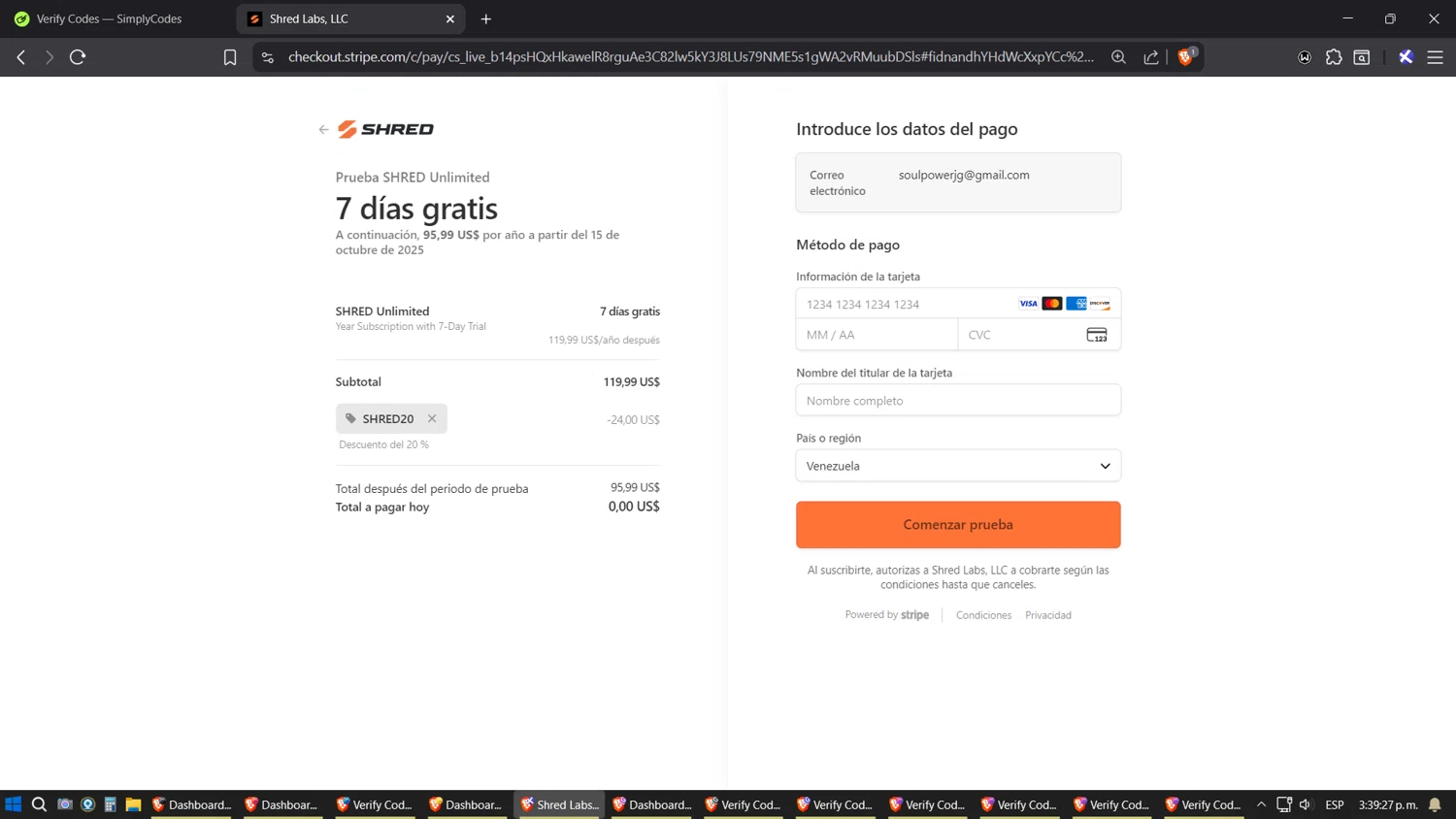 Shred promo code screenshot showing code SHRED20 applied at Shred checkout page. Uploaded by SimplyCodes community member SoulPower on Oct 8, 2025
