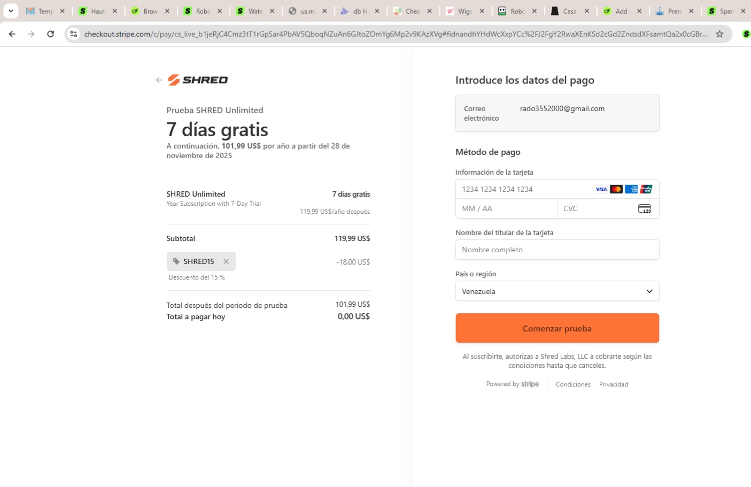 Shred promo code screenshot showing code SHRED15 applied at Shred checkout page. Uploaded by SimplyCodes community member LAGUGU on Nov 21, 2025