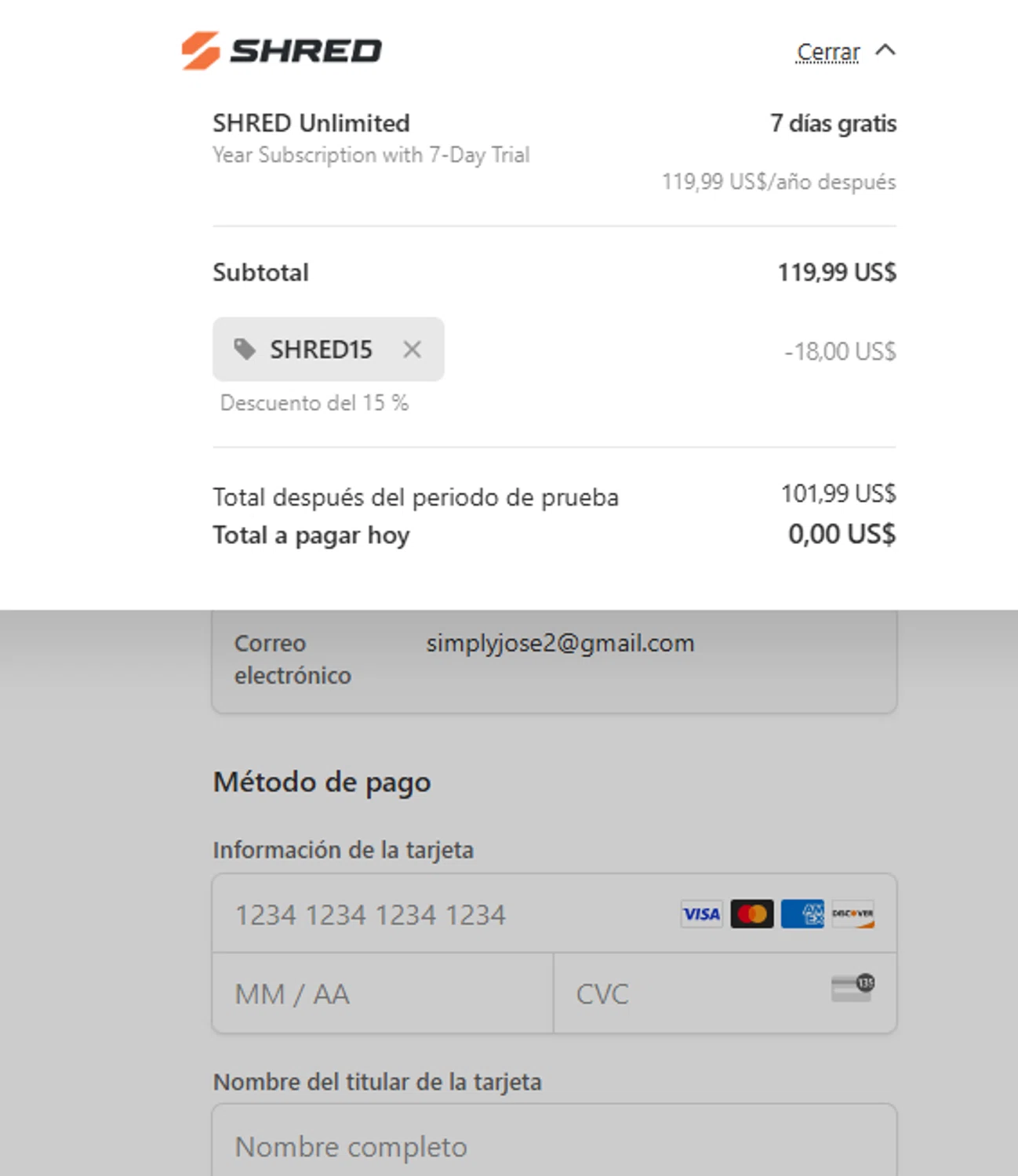 Shred promo code screenshot showing code SHRED15 applied at Shred checkout page. Uploaded by SimplyCodes community member TULA515 on Jul 28, 2025