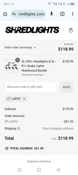 Shredlights coupon verification screenshot