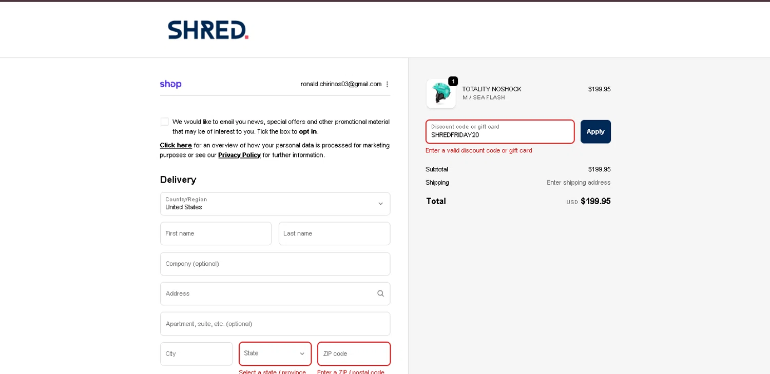 Shred Optics discount code screenshot showing code SHREDFRIDAY20 applied at Shred Optics checkout page. Uploaded by SimplyCodes community member CodeExpert7814 on Dec 2, 2025