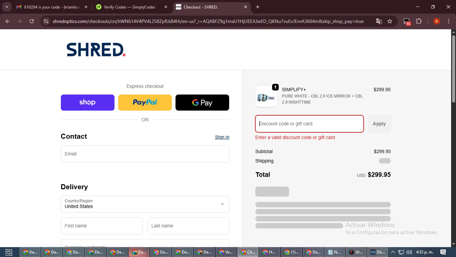 Shred Optics discount code screenshot showing code SHREDFRIDAY20 applied at Shred Optics checkout page. Uploaded by SimplyCodes community member DiscountExpert6435 on Dec 3, 2025