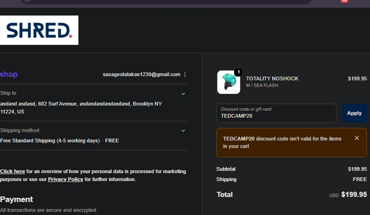 Shred Optics discount code screenshot showing code TEDCAMP20 applied at Shred Optics checkout page. Uploaded by SimplyCodes community member FIREINTHEHOLE on Nov 17, 2025
