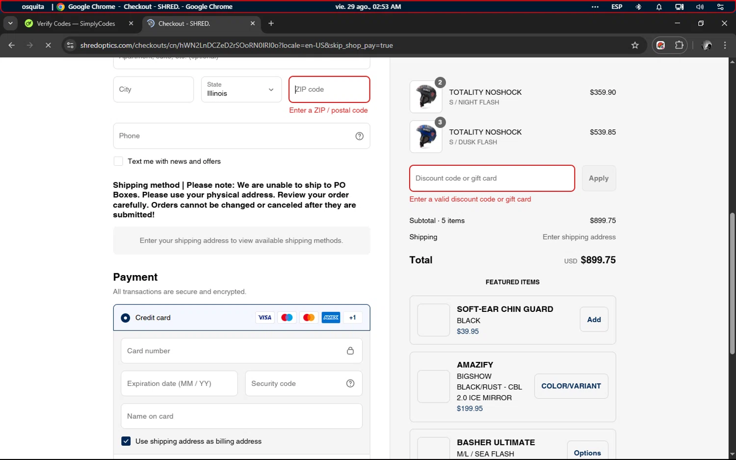 Shred Optics discount code screenshot showing code EXTRA50 applied at Shred Optics checkout page. Uploaded by SimplyCodes community member ELMARRON on Aug 29, 2025