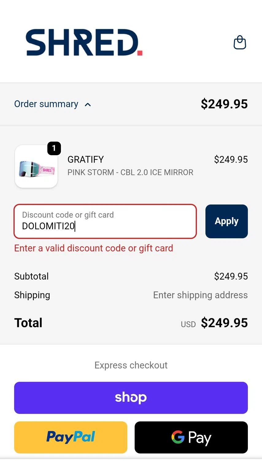 Shred Optics discount code screenshot showing code DOLOMITI20 applied at Shred Optics checkout page. Uploaded by SimplyCodes community member JuanMonge on Dec 2, 2025