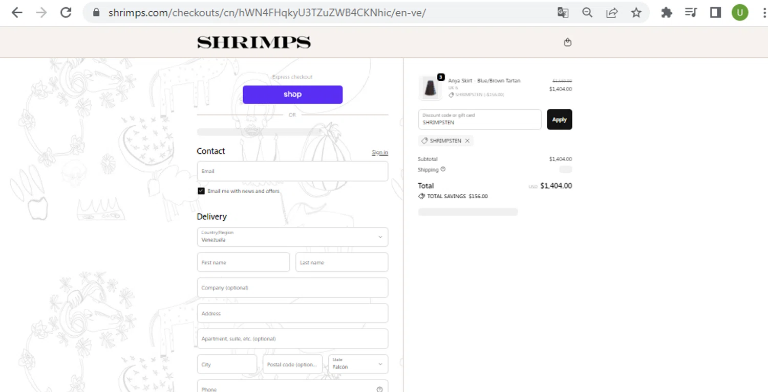 Shrimps promo code screenshot showing code SHRIMPSTEN applied at Shrimps checkout page. Uploaded by SimplyCodes community member CouponSaver4196 on Oct 18, 2025