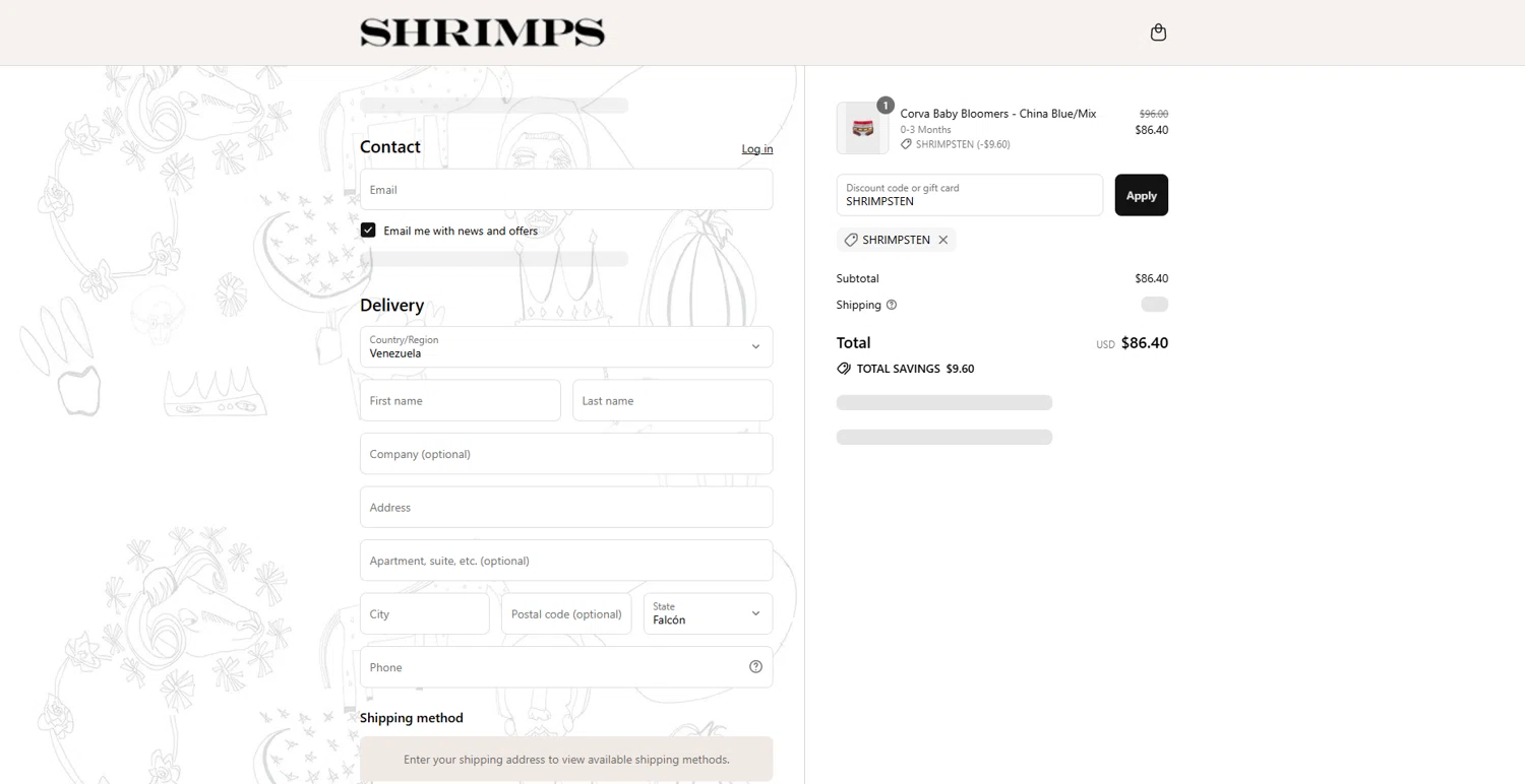 Shrimps promo code screenshot showing code SHRIMPSTEN applied at Shrimps checkout page. Uploaded by SimplyCodes community member MightyTitan865 on Aug 12, 2025