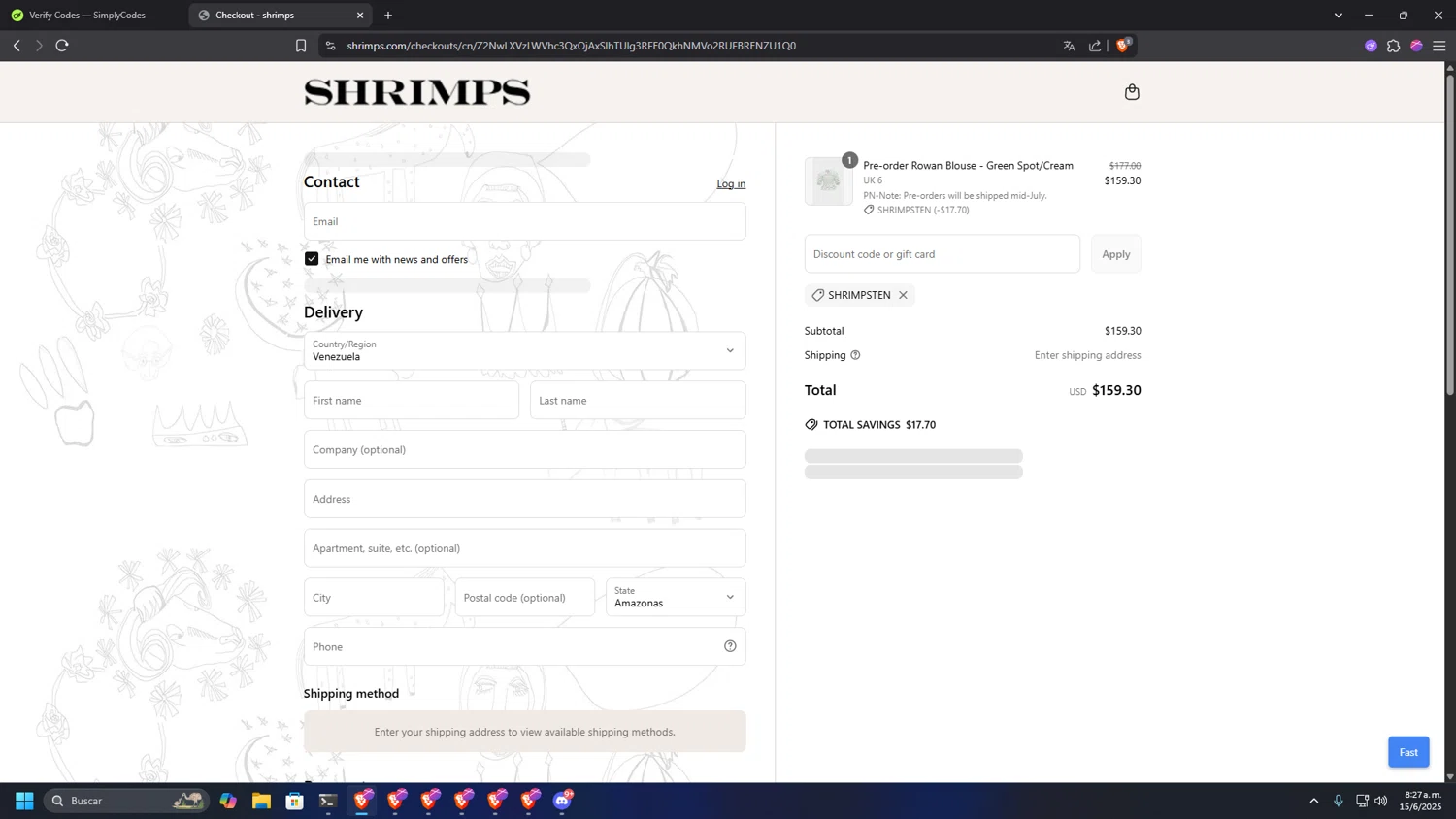 Shrimps promo code screenshot showing code SHRIMPSTEN applied at Shrimps checkout page. Uploaded by SimplyCodes community member MRYORMAN on Jun 15, 2025