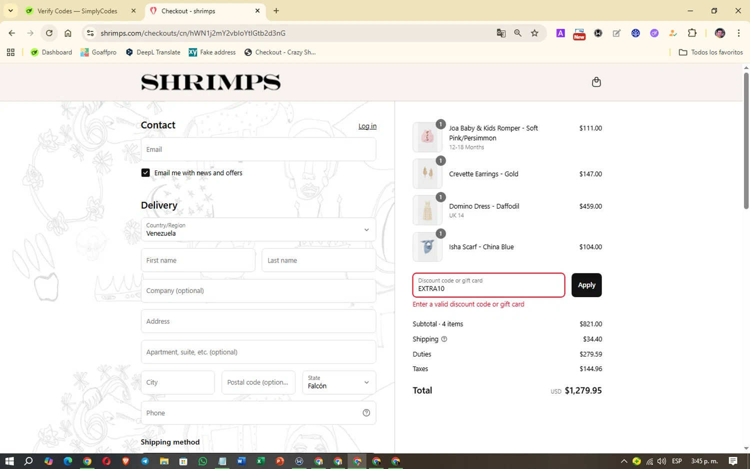 Shrimps promo code screenshot showing code EXTRA10 applied at Shrimps checkout page. Uploaded by SimplyCodes community member Oklahoma_City on Aug 12, 2025