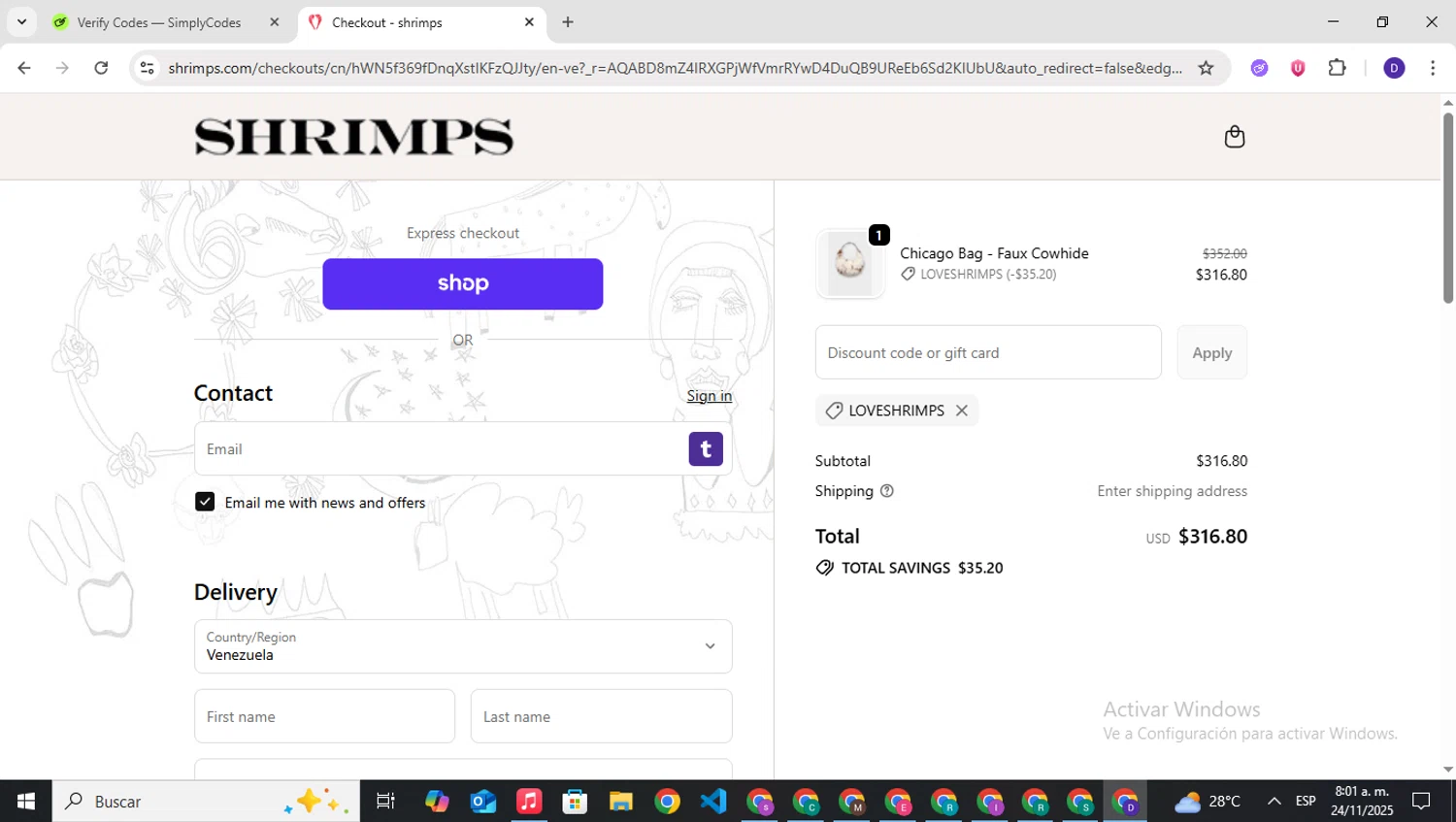Shrimps promo code screenshot showing code LOVESHRIMPS applied at Shrimps checkout page. Uploaded by SimplyCodes community member PrimeNavigator3251 on Nov 24, 2025